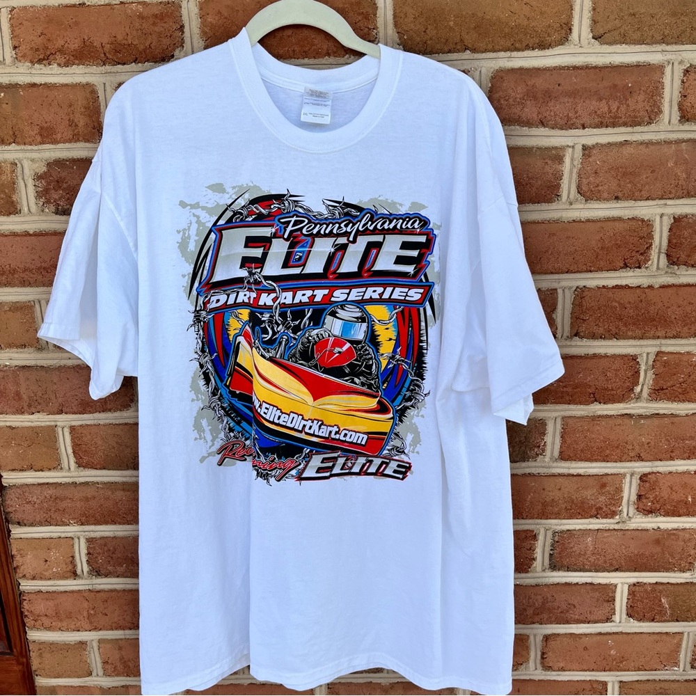 Graphic racing T-shirt Bright colors on white background.  size: 2 XL